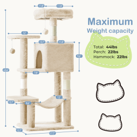 44 Inch Cat Tree Tower, Multi-Cat Climbing Tower With, Natural Sisal Scratching Posts, Extended Platform, Hammock (Color: Beige)